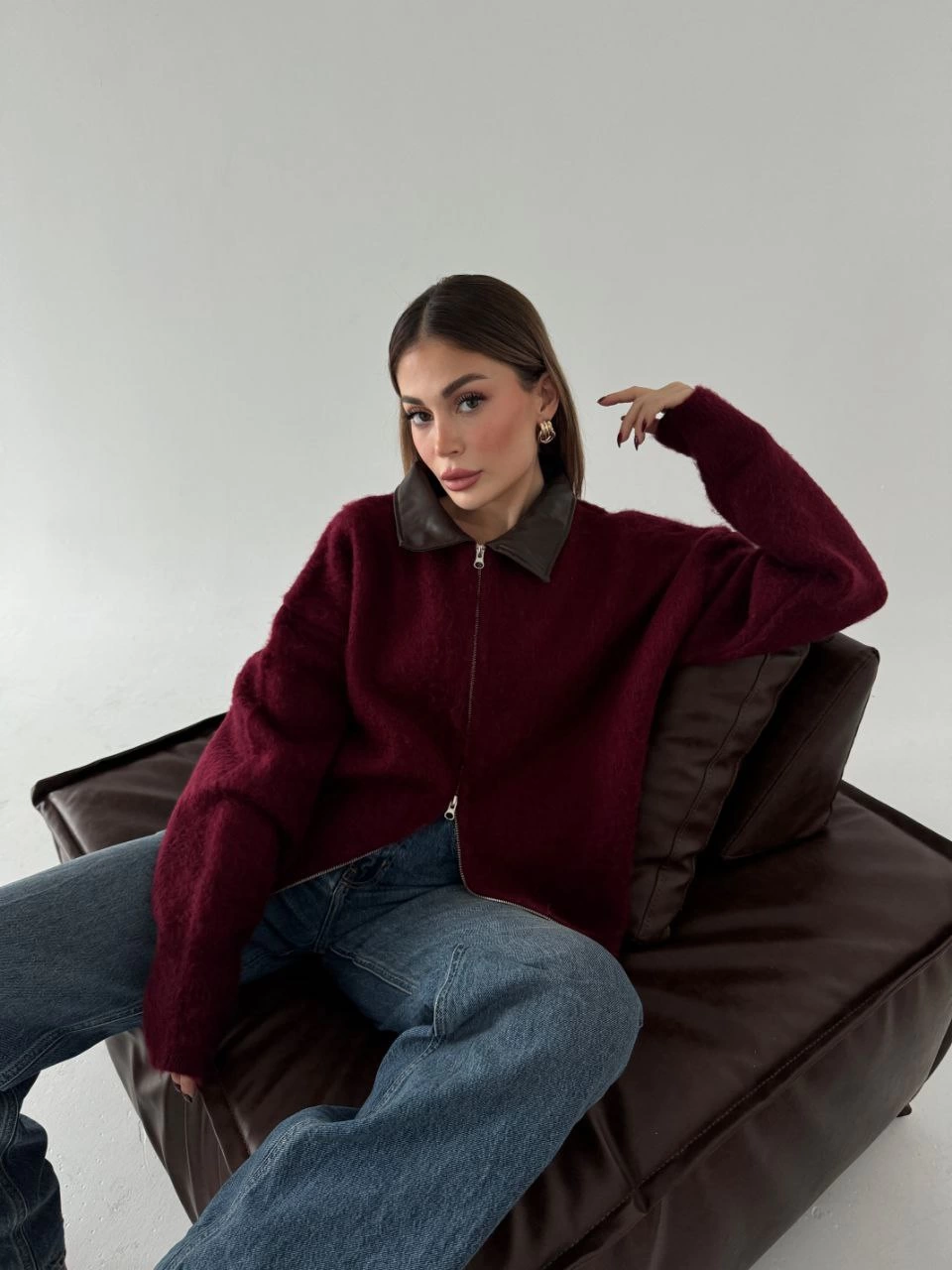 Luviroli Deri Yakalı Pamuk dokulu Çift Taraflı Çalışan Fermuar Ceket - Bordo