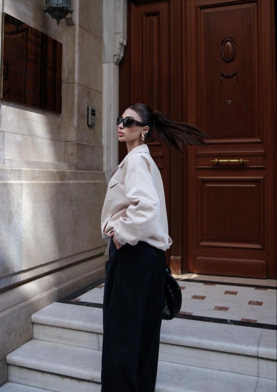 Luviroli Fermuarlı Gömlek Yaka Bomber Ceket - Beyaz