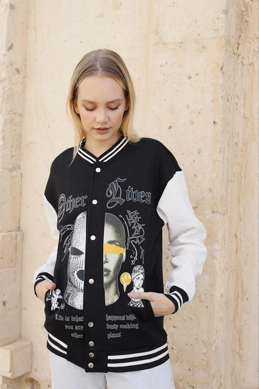 Luviroli Kadın Oversize Kolej Ceket - Siyah