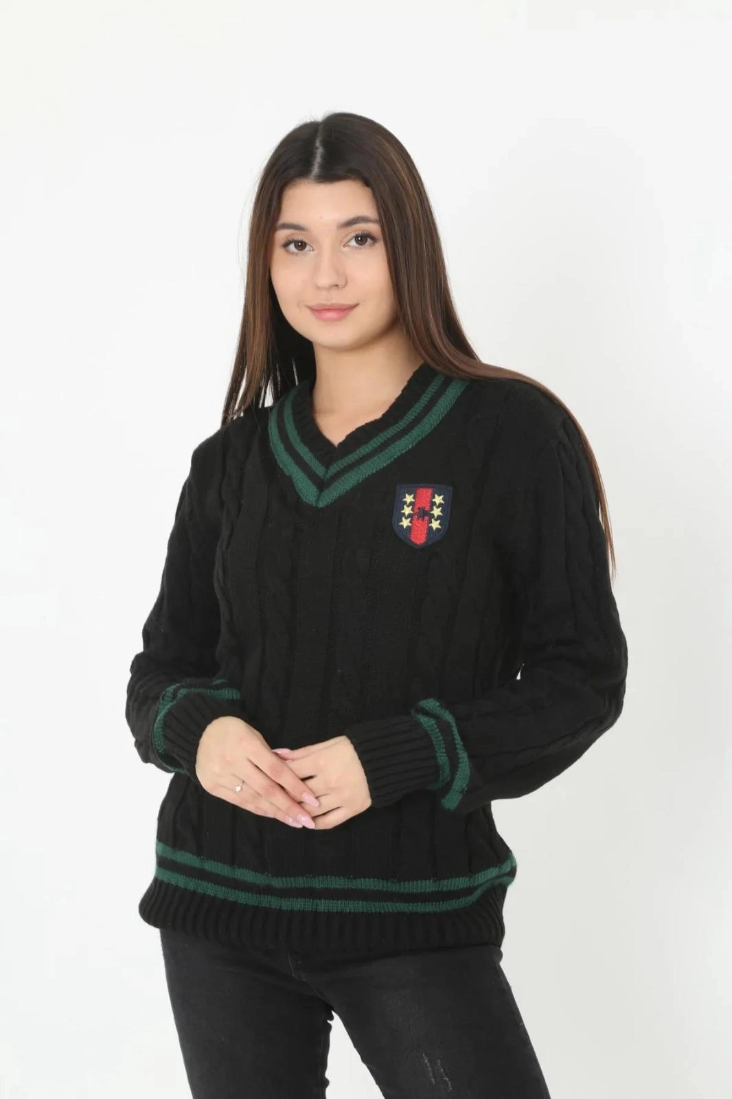 Luviroli Kadın V Yaka Örgülü Kazak - Siyah