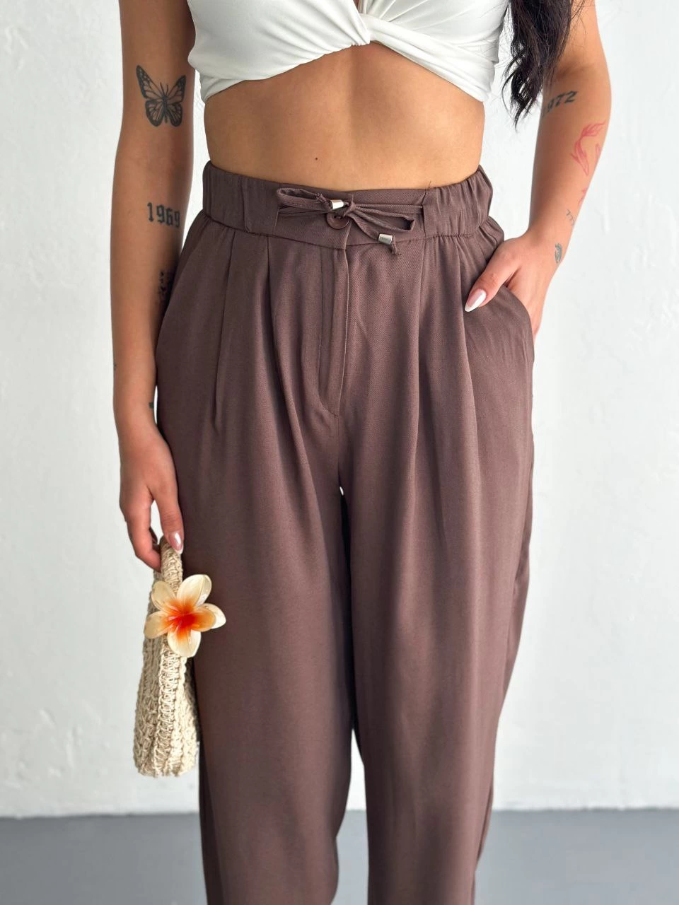 Luviroli Kadın Yüksel Bel Rahat Boru Paça Pantalon - Kahverengi