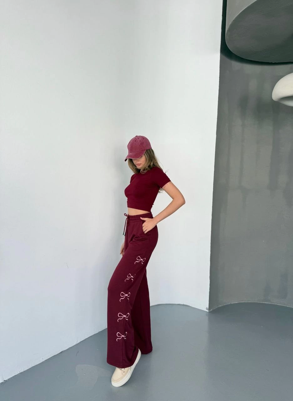 Luviroli Osy Modal Yumuşak Dokulu Kumaş Nakış işlemeli Rahat Bol Paça Eşofman Pantalon - Bordo