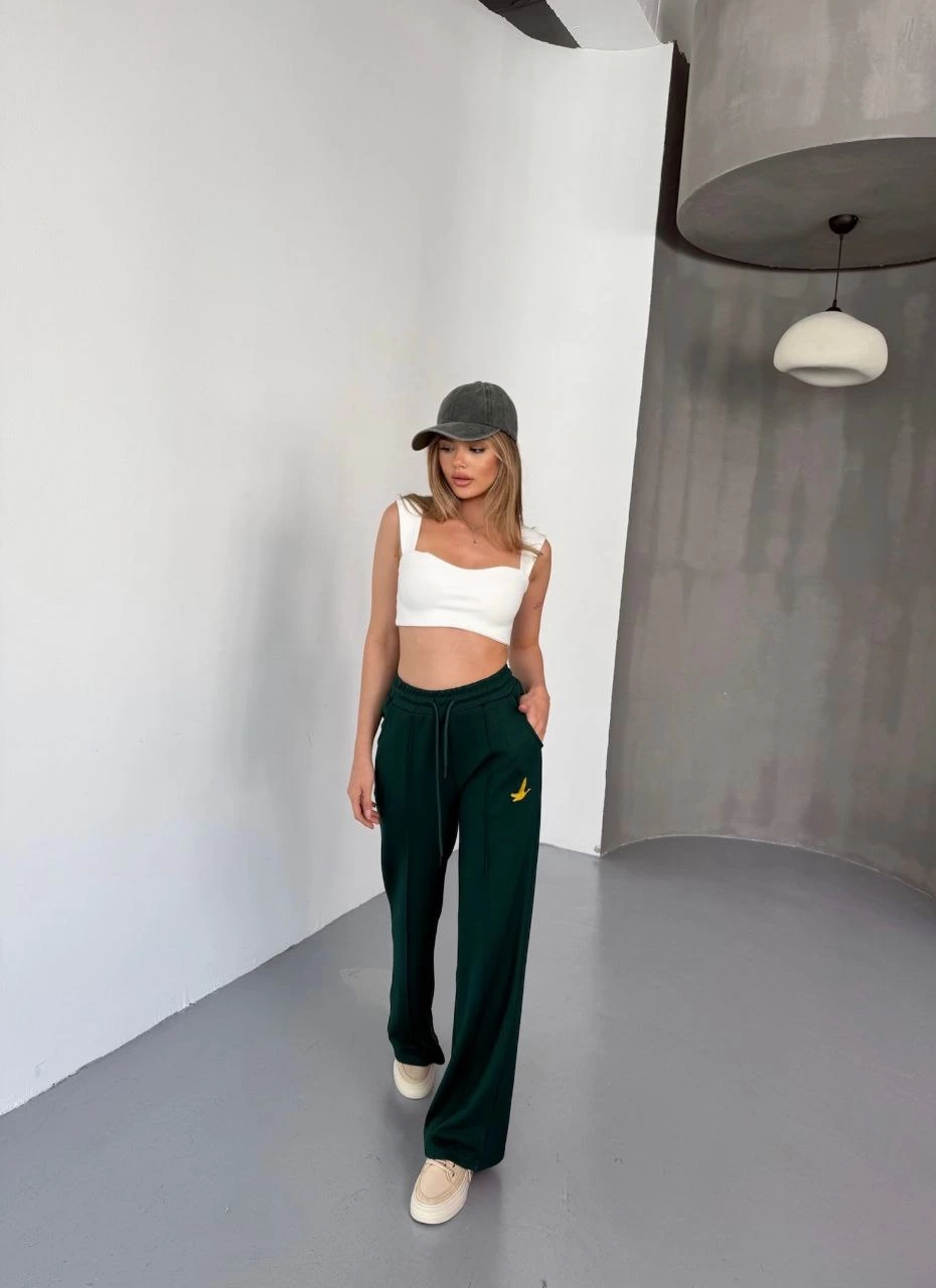 Luviroli Osy Modal Yumuşak Dokulu Kumaş Nakış işlemeli Rahat Bol Paça Eşofman Pantalon - Yeşil