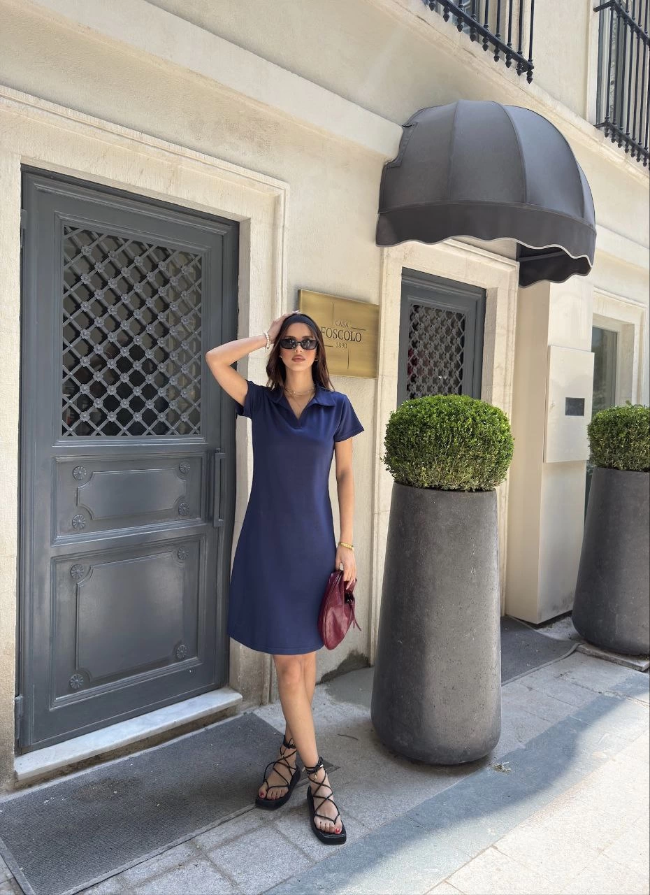 Luviroli Osy Modal Yumuşak Dokulu Kumaş Yakalı Kısa Kollu Elbise - Mavi