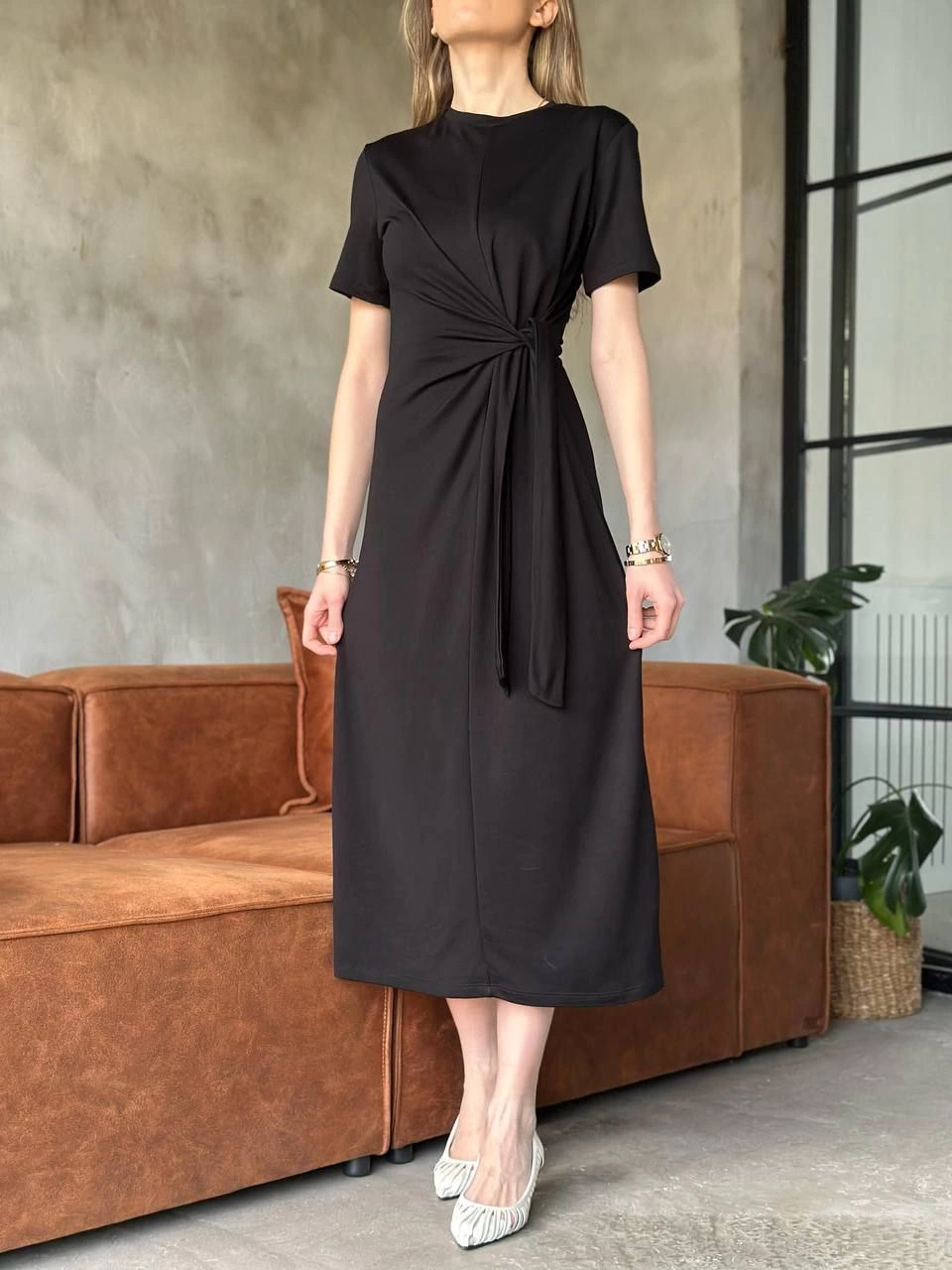 Luviroli Osy Modal Yumuşak Dokulu Kumaş Yandan Bağlamalı Elbise - Siyah