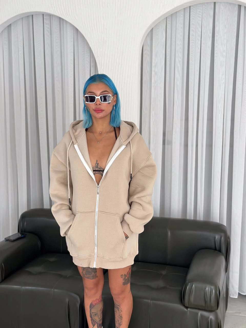 Luviroli Oversize Tam Fermuarlı Uzun Kol Hırka - Bej