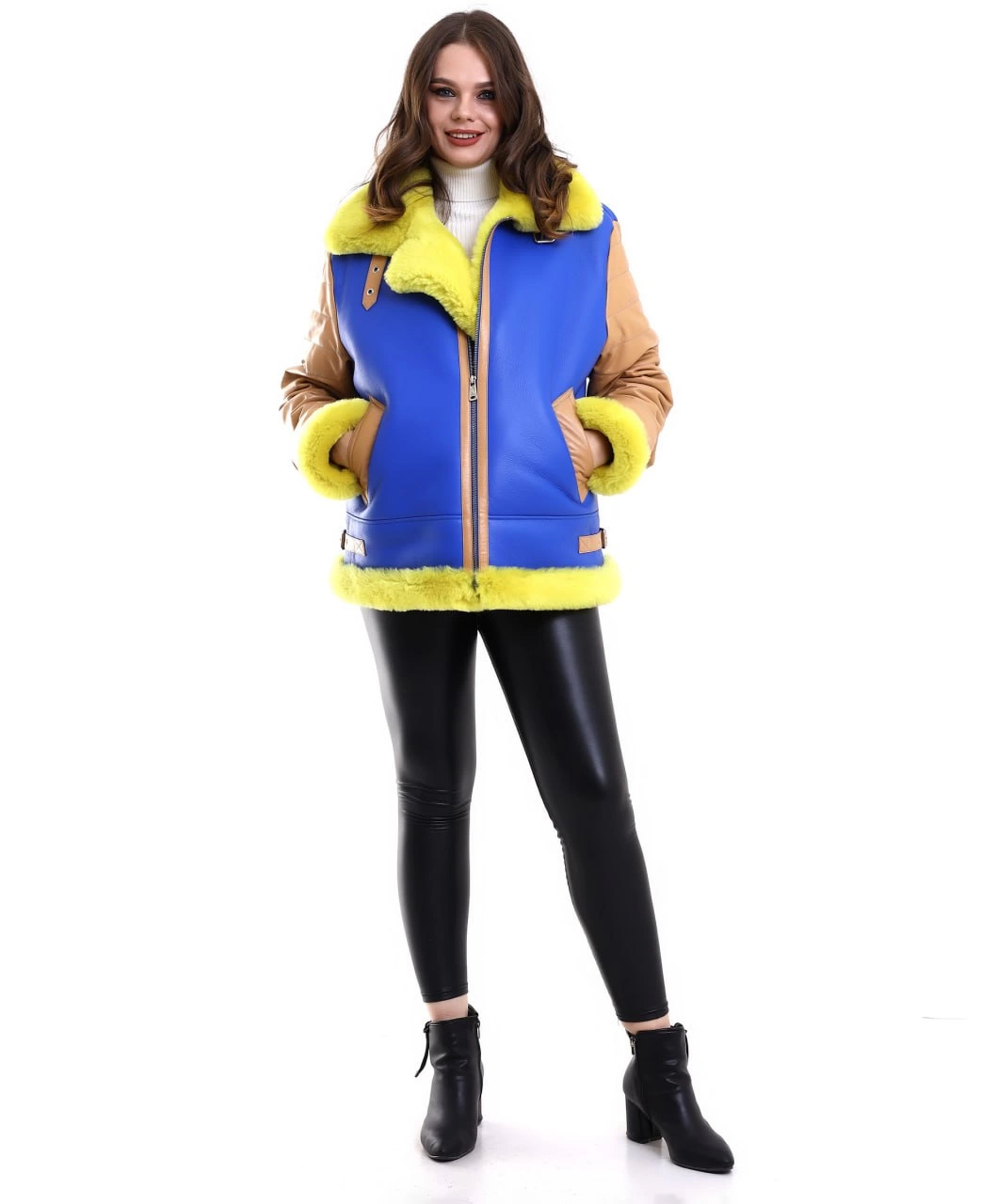 Luviroli Kadın Koyun Derisi Pilot Hakiki Kürk - Sarı