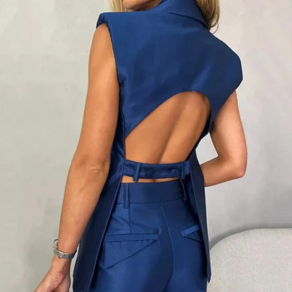 LUVİROLİ-Kadın Saten Şık Kolsuz Takım – Mavi Pantolon Ceket Seti