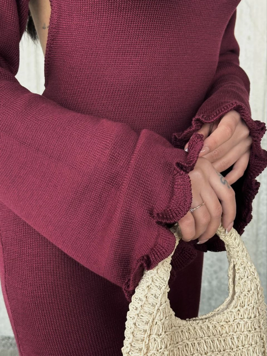 Luviroli Acık Sırt Detaylı Maxi Uzun Boy Elbise- Bordo