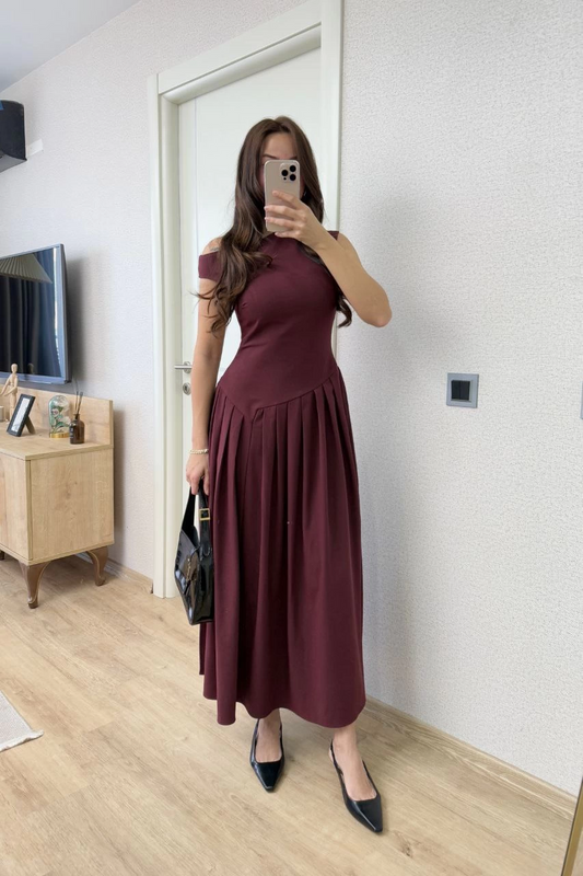 Luviroli Asimetrik düşük yaka Kolsuz Uzun Elbise - Bordo