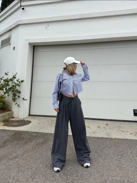 Luviroli Bağcıklı Palazzo Bol Paça Pantolon - Gri