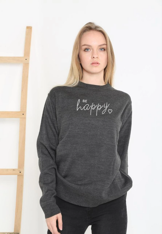 Luviroli Baskılı Uzun Kol Yarım Boğazlı Dokuma Triko - Füme