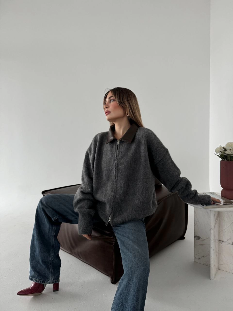 Luviroli Deri Yakalı Pamuk dokulu Çift Taraflı Çalışan Fermuar Ceket - Füme