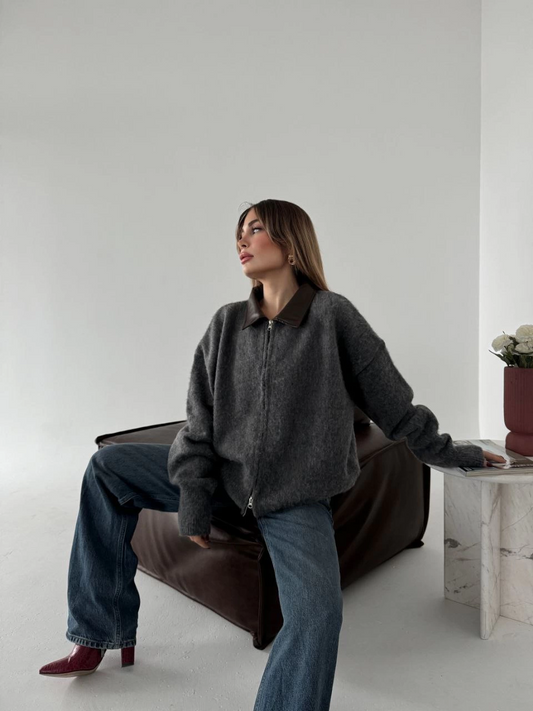 Luviroli Deri Yakalı Pamuk dokulu Çift Taraflı Çalışan Fermuar Ceket - Füme