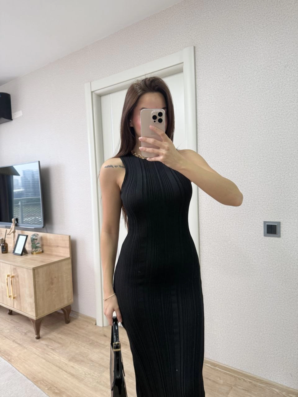 Luviroli Fitilli Triko Elbise Kolsuz Sırtı Kapalı Maxi Uzun Boy - Siyah