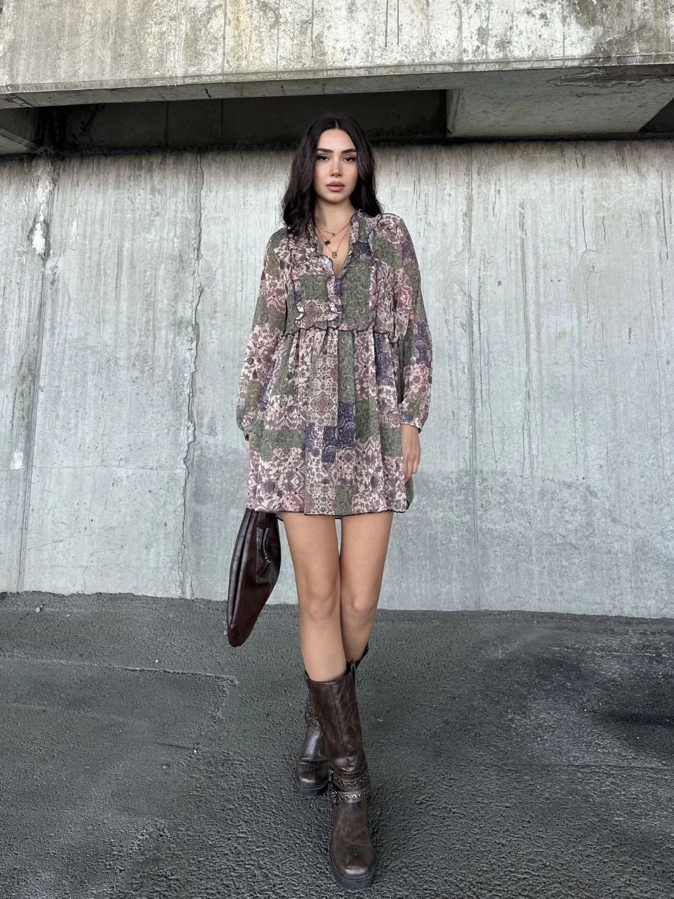 Luviroli içi astarlı Şifon Elbise - Desenli