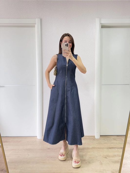 Luviroli Jeans Kot Önü Tam Fermuarlı Kadın Uzun Elbise - Mavi