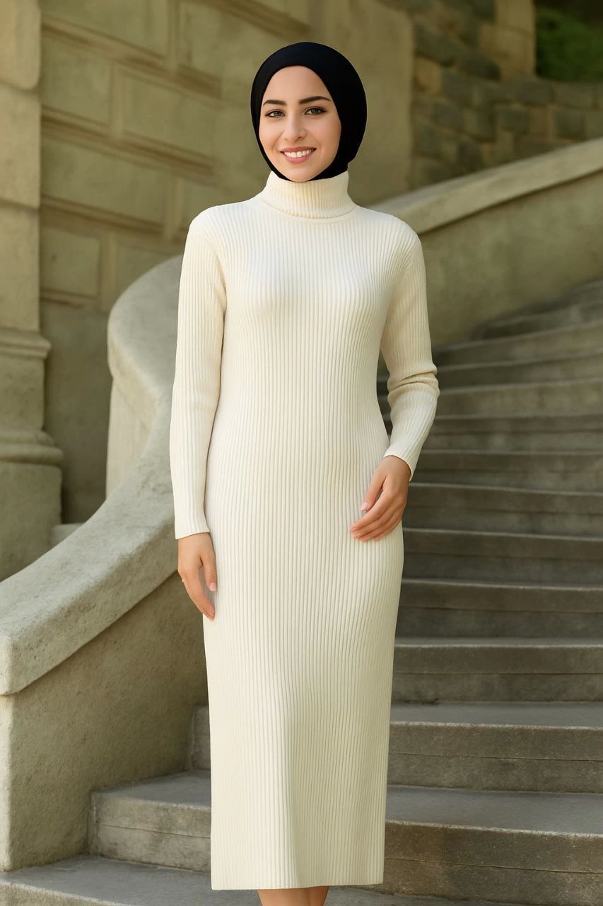 Luviroli Kadın Boğazlı Uzun Fitilli Tesettüre Uygun Triko Dokuma Elbise - Beyaz