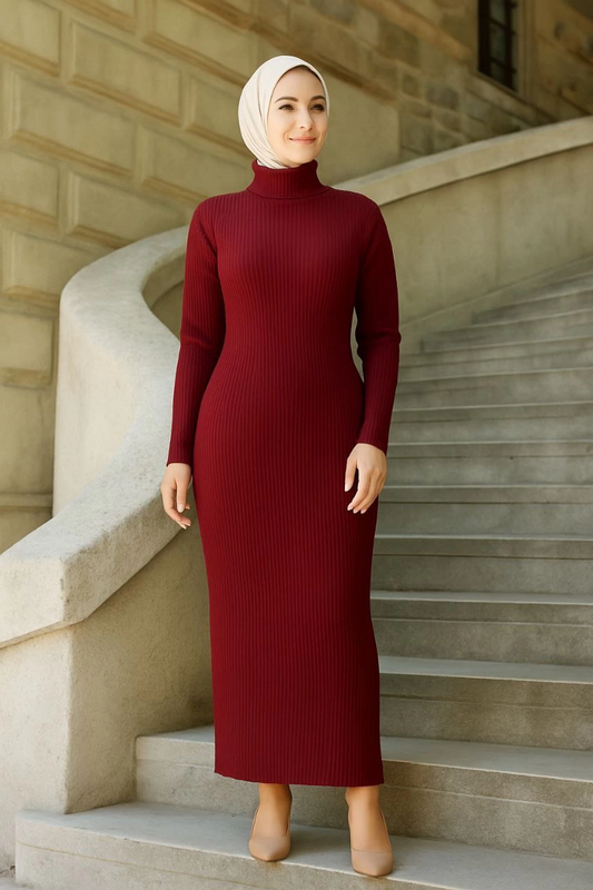 Luviroli Kadın Boğazlı Uzun Fitilli Tesettüre Uygun Triko Dokuma Elbise - Bordo