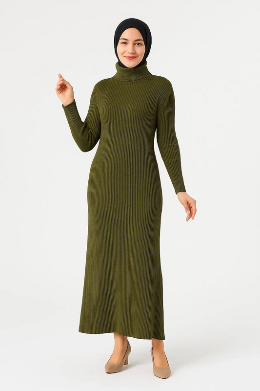 Luviroli Kadın Boğazlı Uzun Fitilli Tesettüre Uygun Triko Dokuma Elbise - Haki