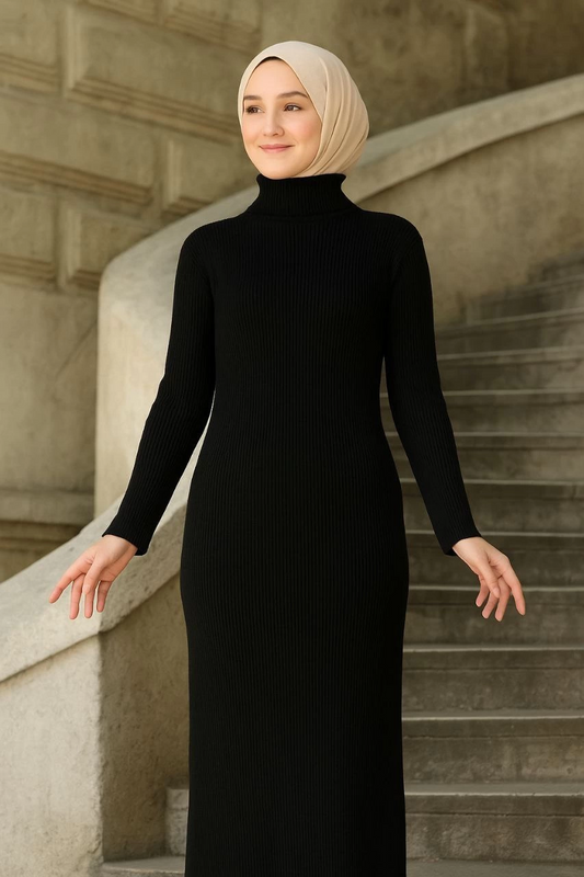 Luviroli Kadın Boğazlı Uzun Fitilli Tesettüre Uygun Triko Dokuma Elbise - Siyah
