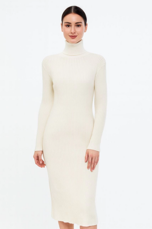 Luviroli Kadın Boğazlı Uzun Fitilli Triko Dokuma Elbise - Beyaz