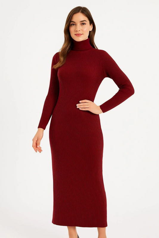 Luviroli Kadın Boğazlı Uzun Fitilli Triko Dokuma Elbise - Bordo