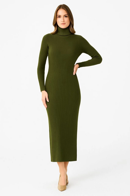 Luviroli Kadın Boğazlı Uzun Fitilli Triko Dokuma Elbise - Haki