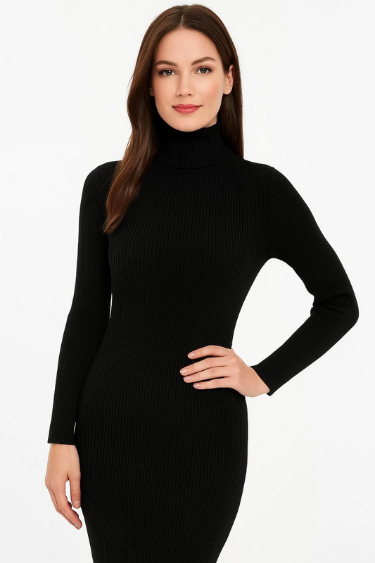 Luviroli Kadın Boğazlı Uzun Fitilli Triko Dokuma Elbise - Siyah