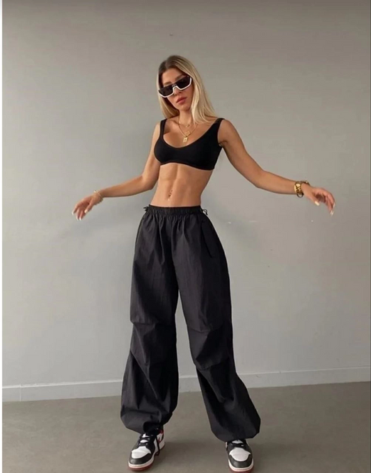 Luviroli Kadın Cepli Paraşut Pantalon - Siyah