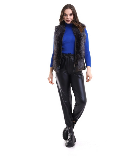 Luviroli Kadın Fermuarlı Koyun Derisi Tilki Kürkü - Siyah