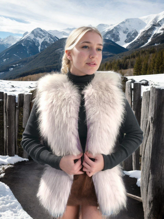 Luviroli Kadın Fermuarlı Koyun Derisi Tilki Kürkü - Beyaz