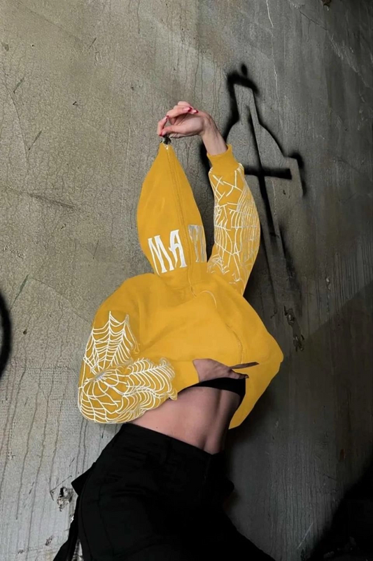 Luviroli Kadın İki İplik Örümcek Baskılı Oversize Hırka - Sarı