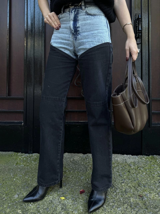 Luviroli Kadın Jeans Kot Parçalı Palazzo Pantolon - Siyah