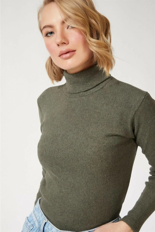 Luviroli Kadın Kaşkorse Boğazlı Full Likralı Fitilli Body Kazak - Haki