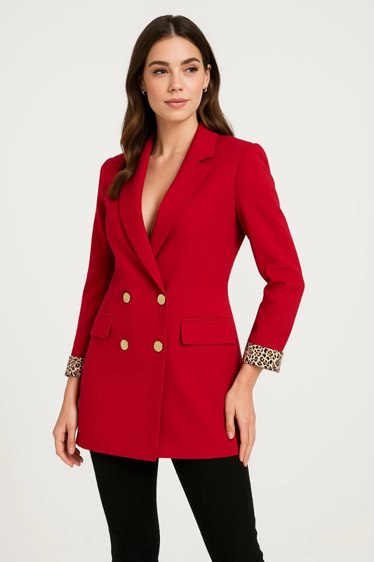 Luviroli Kadın Kırmızı Kırlangıç Yaka Altın Düğmeli Blazer Leopar Manşetli Ceket- Kırmızı