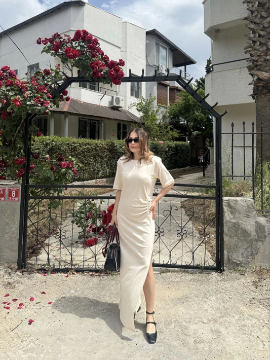 Luviroli Kadın Kısa Kollu Uzun Yandan Yırtmaçlı Elbise - Bej