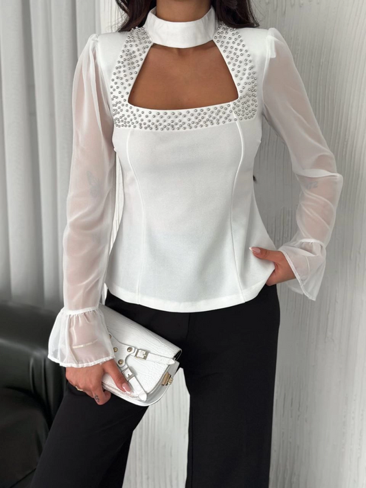 Luviroli Penye Uzun Kollu Kadın Kolları Şifon Göğüste İnci Boncuk detaylı Bluz - Beyaz