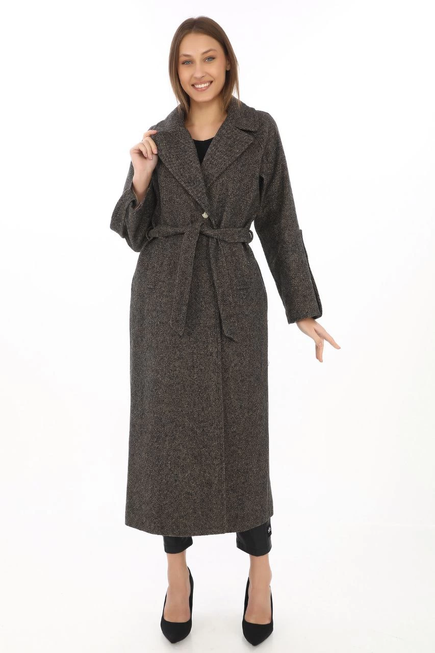 Luviroli Kadın Kolu Apoletli Astarlı Kaşmir Kaşe Kaban - Füme