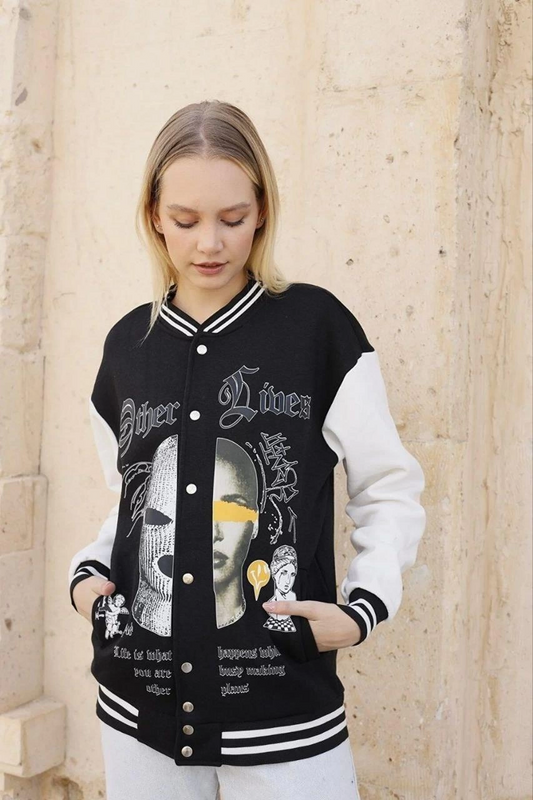 Luviroli Kadın Oversize Kolej Ceket - Siyah