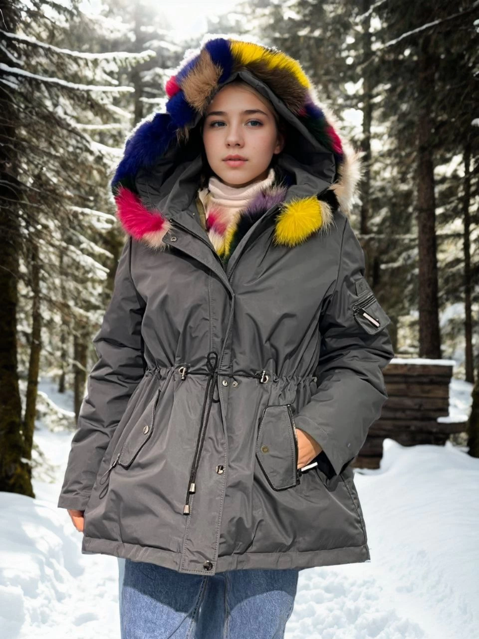 Luviroli Kadın Su Geçirmez Kapüşonlu Mont - Füme