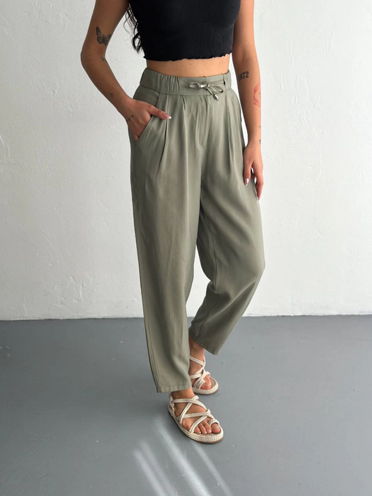 Luviroli Kadın Yüksel Bel Beli Bağcıklı Cepli Rahat Paça Pantalon - Su Yeşili