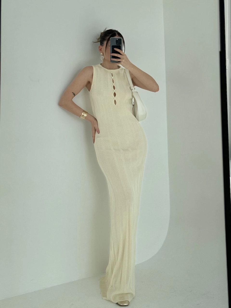 Luviroli Kalın Fitilli Uzun Triko Elbise - Kırık Beyaz