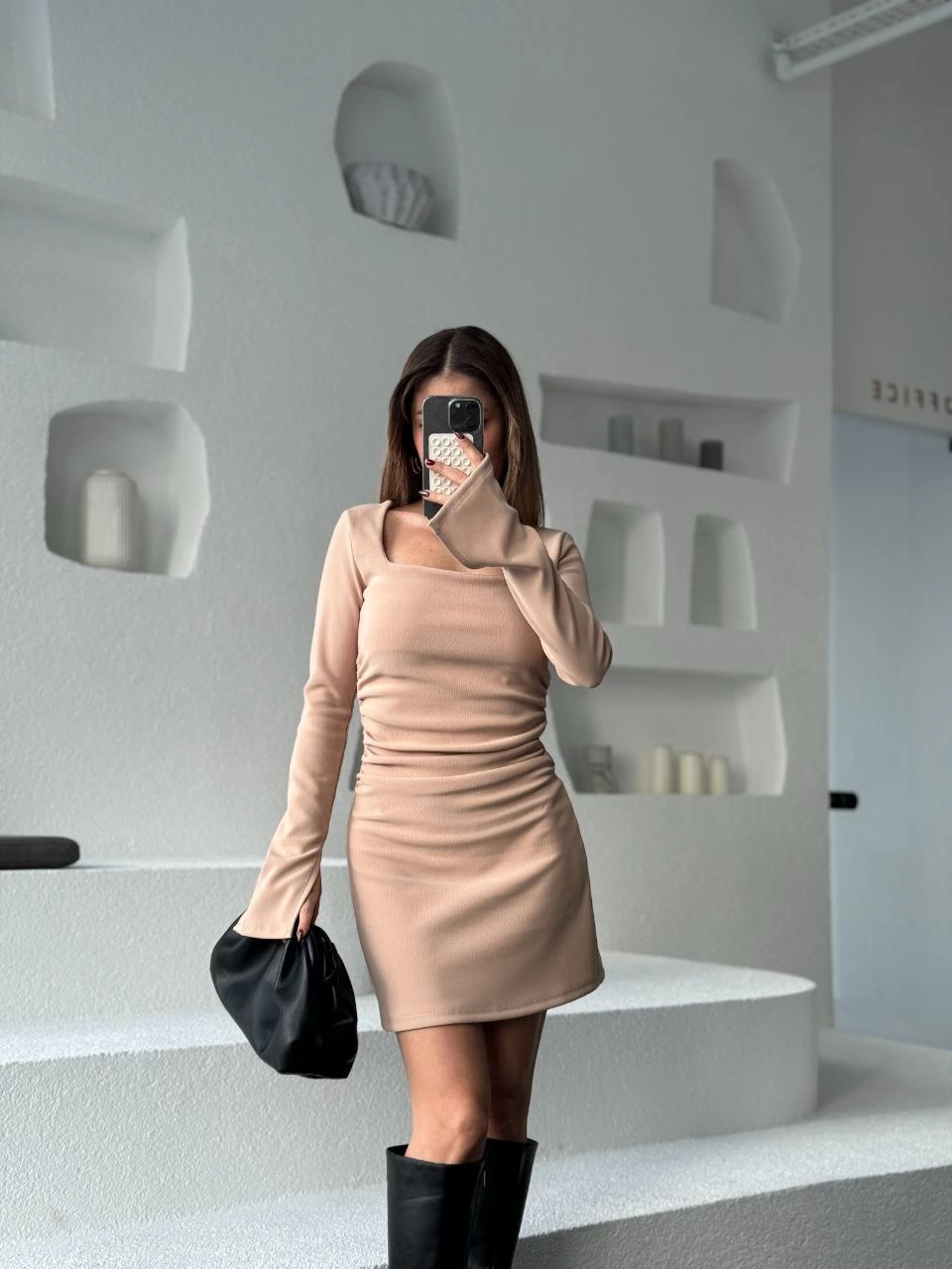 Luviroli Kare Yaka Mını Boy Fitilli Elbise - Bej