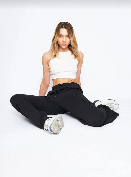 Luviroli Kargo Cepli Palazzo Oversize Kesim İki iplik Bol Paça Eşofman Altı Pantalon - Siyah