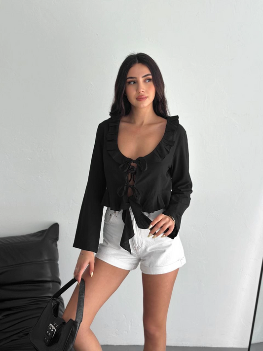 Luviroli Keten Uzun Kol Bağacık Detaylı Bluz - Siyah