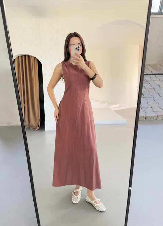 Luviroli Keten Kolsuz Uzun Sırtı Kapalı Bisiklet Yaka Elbise - Gül Kurusu