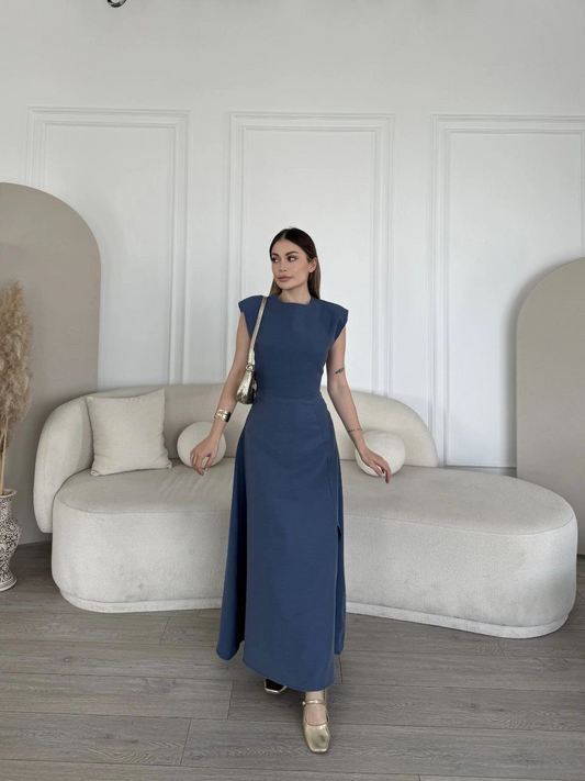 Luviroli Keten Yandan Yırtmaçlı Uzun Elbise Sıfır Kol Elbise - Mavi