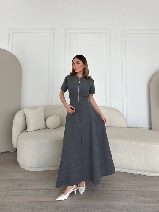 Luviroli Kısa Kollu Önden Fermuarlı Çan Etekli Uzun Elbise - Antrasit