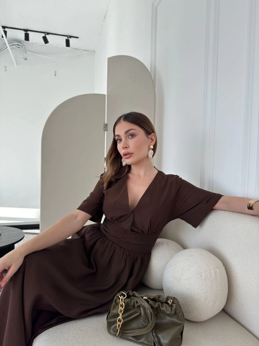 Luviroli Kısa Kollu Uzun Elbise - Kahve